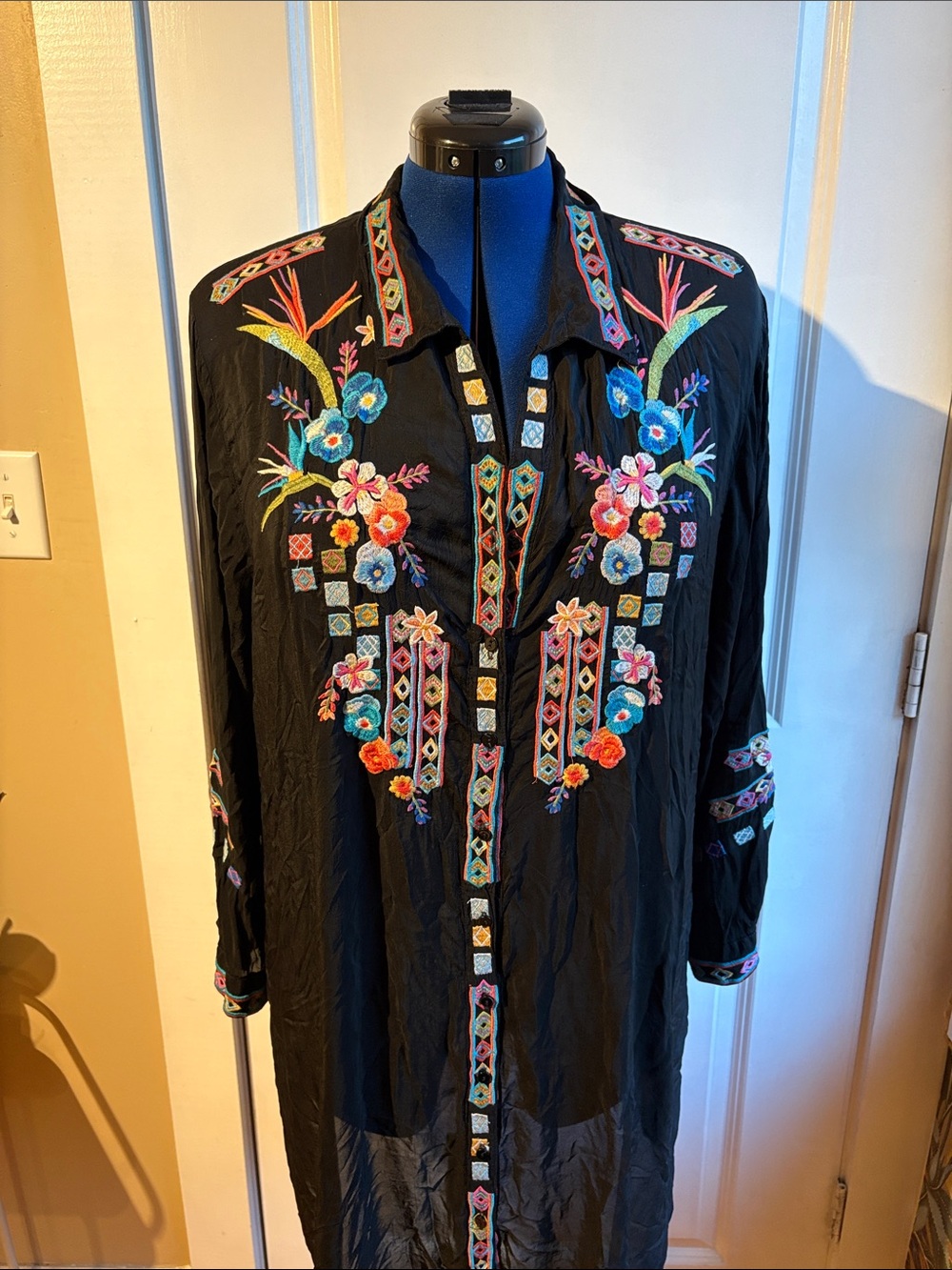 Johnny Was Black Embroidered Floral Tunic Top